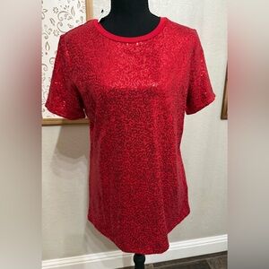 DKNY Elegant Red Sequin Short Sleeve Top Size Medium NWT